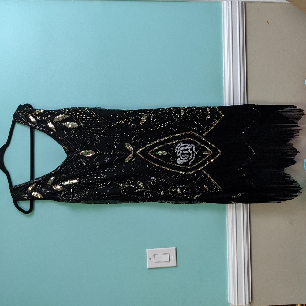 Jaos Wish Black Flapper Dress with Gold Sequins XXXL With Accessories